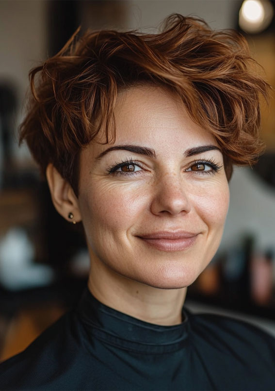 32 Pixie Haircuts For Women Over 40 : Textured Chestnut Pixie with Playful Volume