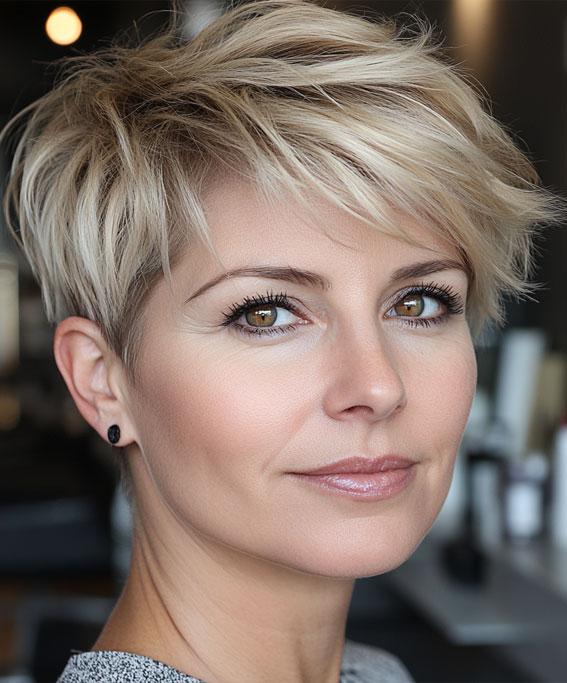 32 Pixie Haircuts For Women Over 40 : Blonde Soft Layered Pixie with Wispy Texture