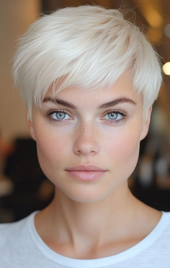 32 Pixie Haircuts For Women Over 40 : Cool Icy Platinum Feathered Layers