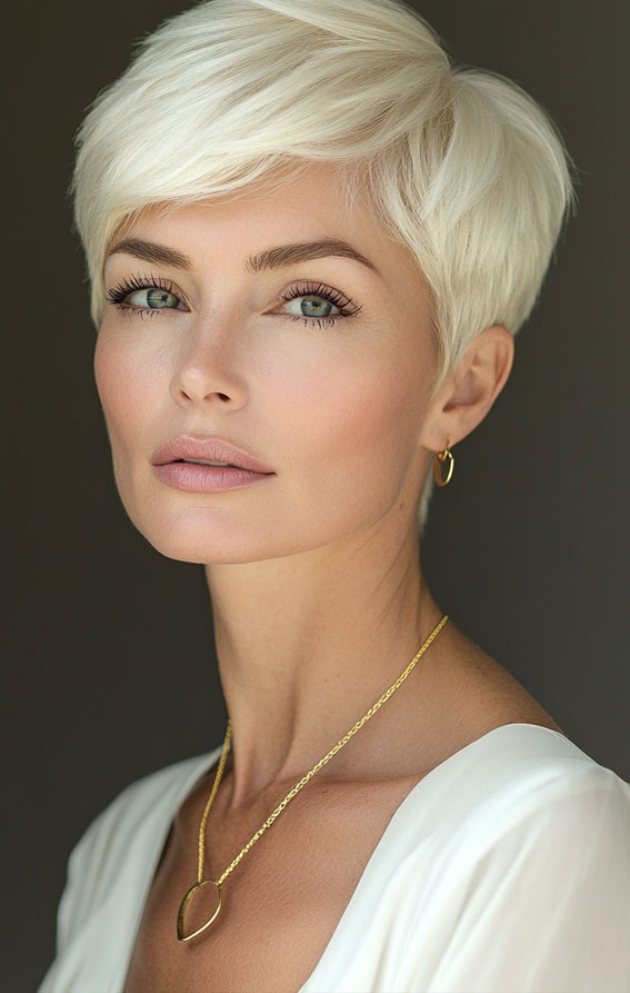 32 Pixie Haircuts For Women Over 40 : Classic Platinum Pixie with a Soft Side Sweep