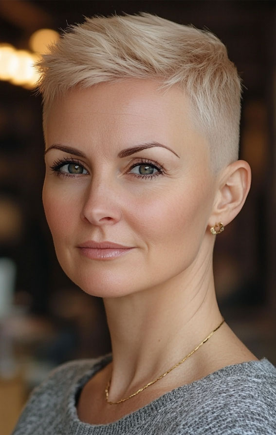 32 Pixie Haircuts For Women Over 40 : Bold Blonde Buzzed Pixie for a Modern Edge