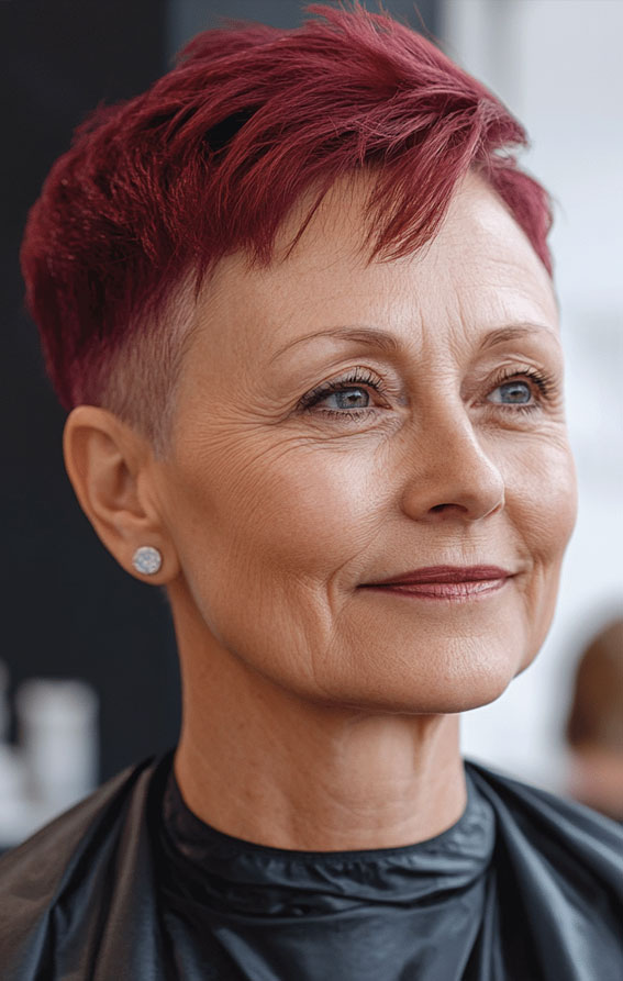 32 Pixie Haircuts for Women Over 60 : Deep Burgundy Pixie with Sleek Layers