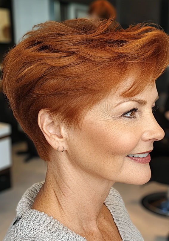 Fiery Copper Pixie with a Soft Tousle, Pixie Haircuts for Women Over 60, Layered pixie haircuts for Women over 60, Low maintenance pixie haircuts for women over 60, Wash and Wear Haircuts For Women Over 60, Pixie cuts for over 60 with glasses, Choppy pixie cut for over 60, Pixie hairstyles for women over 60, Long pixie haircuts for women over 60, short haircuts for women over 60