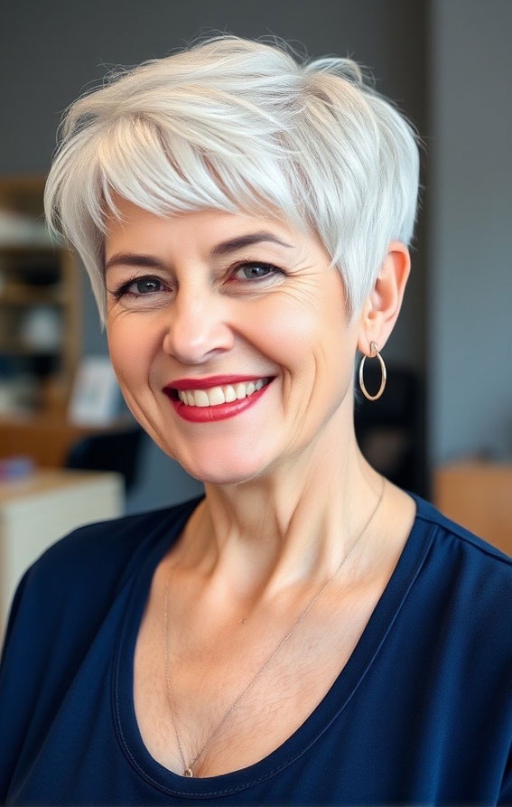 32 Pixie Haircuts for Women Over 60 : Icy Silver Pixie with Soft Fringe