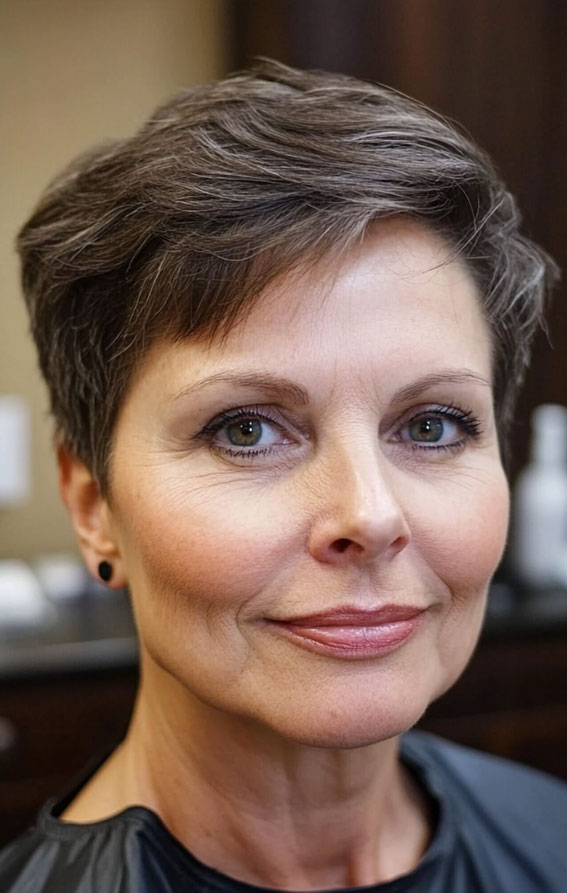 32 Pixie Haircuts for Women Over 60 : Natural Charcoal Pixie with Subtle Layers