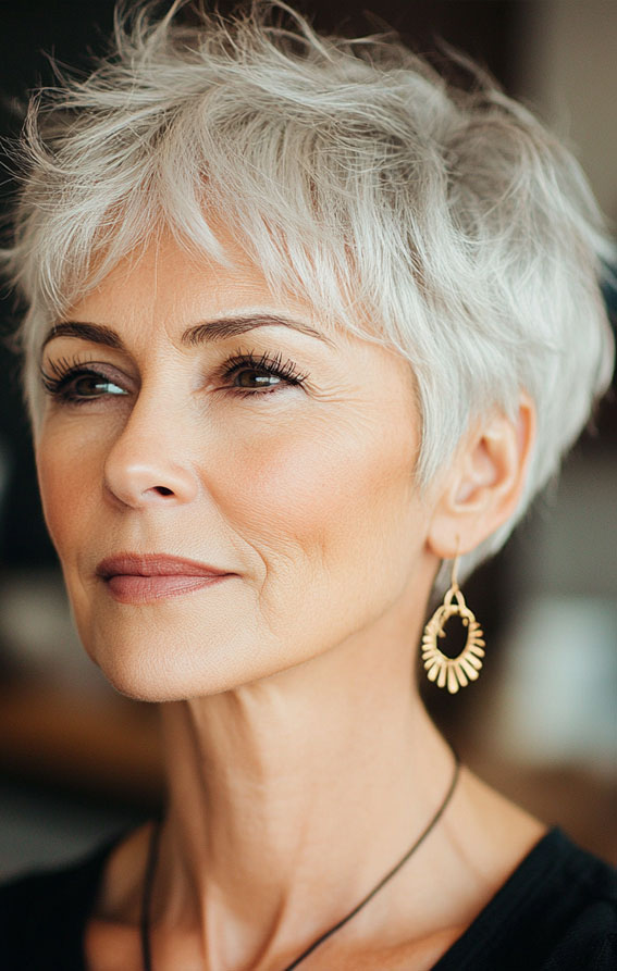 32 Pixie Haircuts for Women Over 60 : Tousled Silver Pixie For Thin Hair