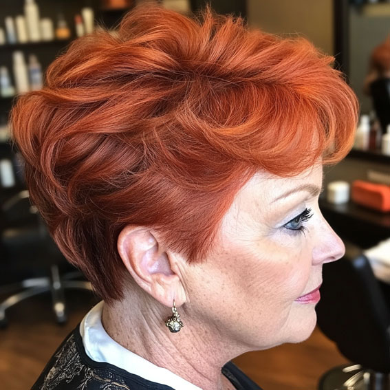 Copper Pixie with Layered Texture, Pixie Haircuts for Women Over 60, Layered pixie haircuts for Women over 60, Low maintenance pixie haircuts for women over 60, Wash and Wear Haircuts For Women Over 60, Pixie cuts for over 60 with glasses, Choppy pixie cut for over 60, Pixie hairstyles for women over 60, Long pixie haircuts for women over 60, short haircuts for women over 60