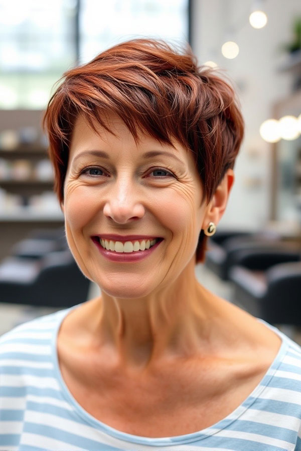 32 Pixie Haircuts for Women Over 60 : Rich Auburn Pixie with Soft Layers