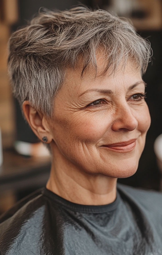 32 Pixie Haircuts for Women Over 60 : Textured Grey Pixie with Tousled Layers