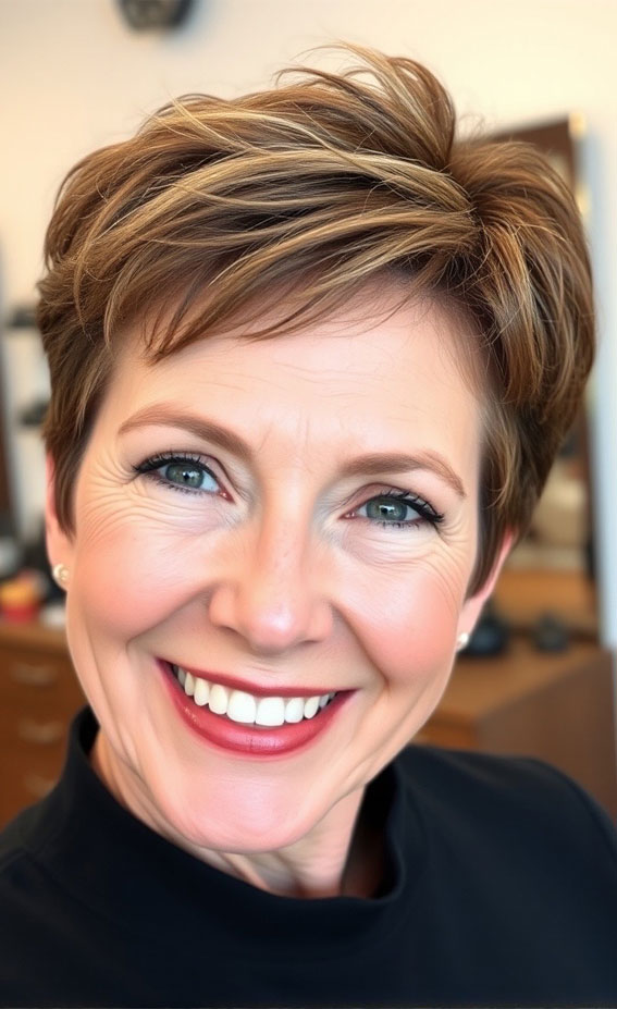 32 Pixie Haircuts for Women Over 60 : Warm Caramel Pixie with Soft Layers