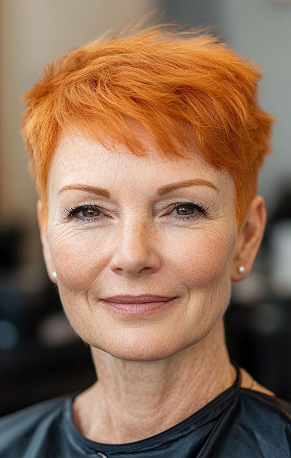 32 Pixie Haircuts for Women Over 60 : Bright Copper Pixie with a Bold Edge