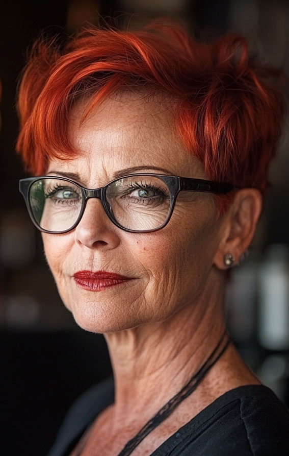 32 Pixie Haircuts for Women Over 60 : Fiery Red Pixie For Women with Glasses