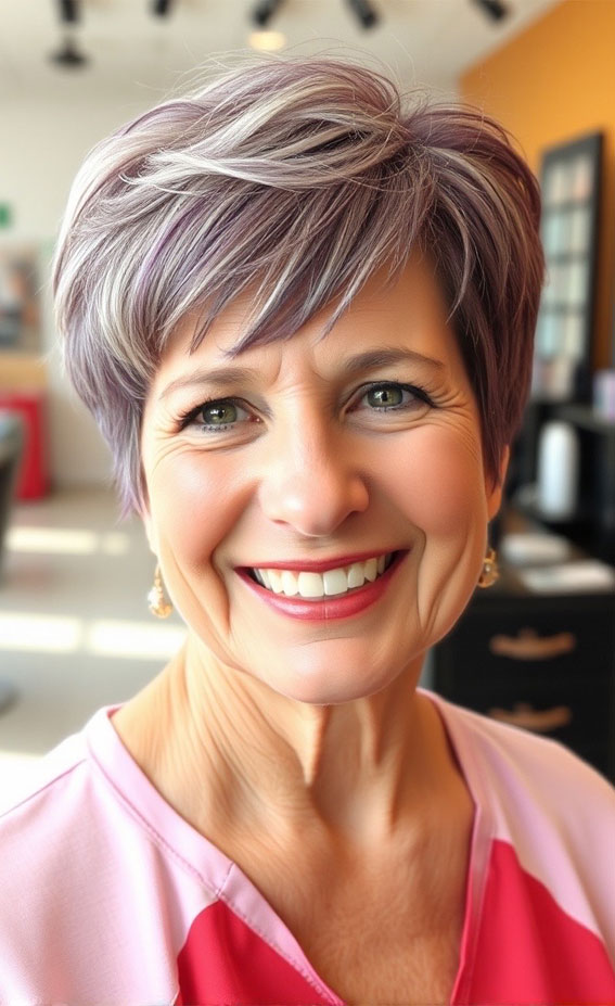 Lavender Pixie with Subtle Highlights, Pixie Haircuts for Women Over 60, Layered pixie haircuts for Women over 60, Low maintenance pixie haircuts for women over 60, Wash and Wear Haircuts For Women Over 60, Pixie cuts for over 60 with glasses, Choppy pixie cut for over 60, Pixie hairstyles for women over 60, Long pixie haircuts for women over 60, short haircuts for women over 60