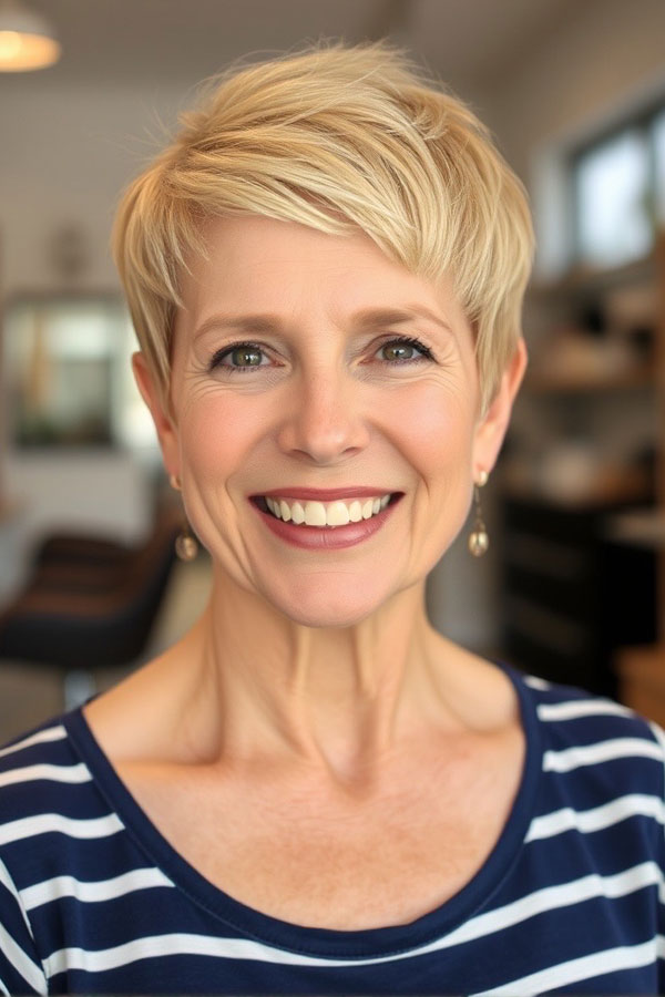 32 Pixie Haircuts for Women Over 60 : Warm Blonde Pixie with Soft Side-Swept Bangs