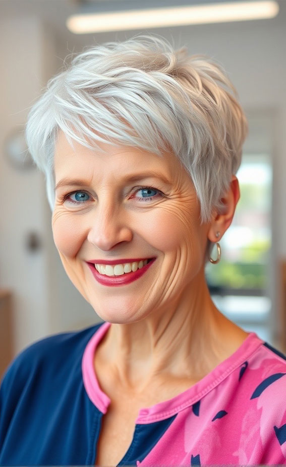 32 Pixie Haircuts for Women Over 60 : Soft Layered White Pixie