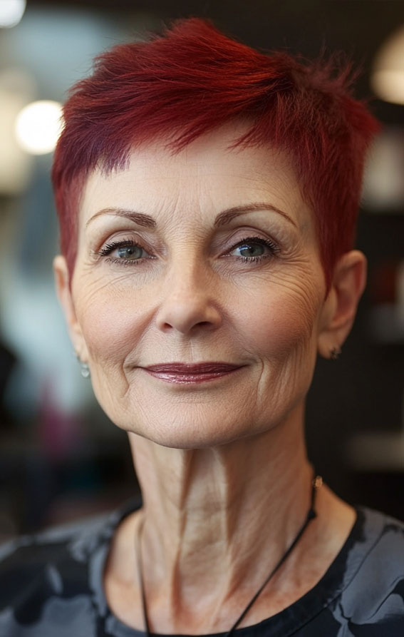 32 Pixie Haircuts for Women Over 60 : Deep Crimson Pixie with Sharp Texture