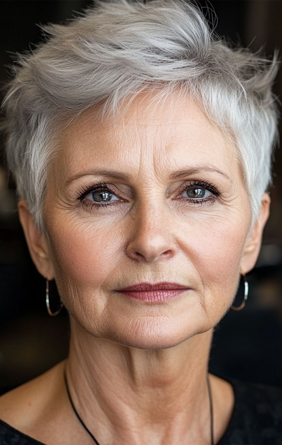 32 Pixie Haircuts for Women Over 60 : Silver Pixie with Tousled Layers