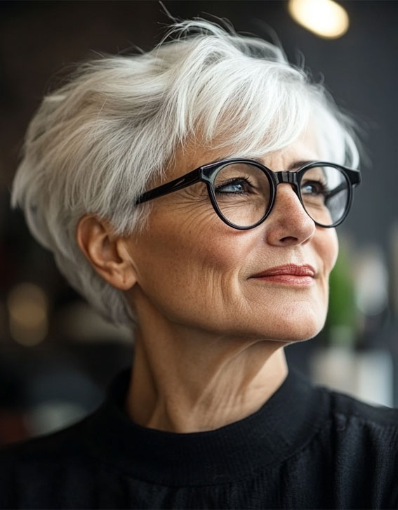 30 Pixie Haircuts for Older Women with Fringe : White Long Pixie with Side-Swept Fringe