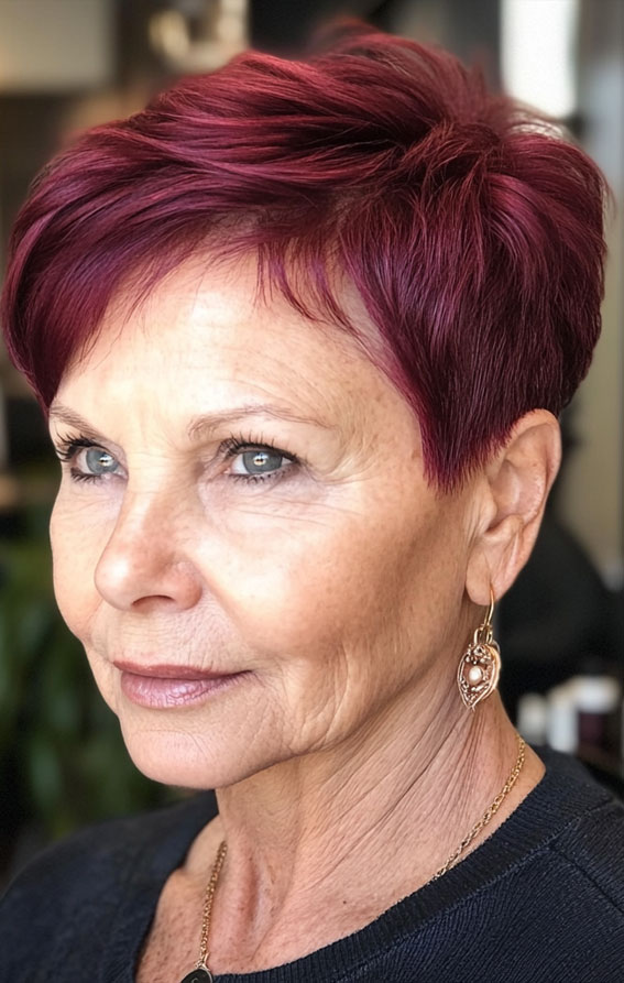 32 Pixie Haircuts for Women Over 60 : Rich Plum Pixie with a Bold Edge