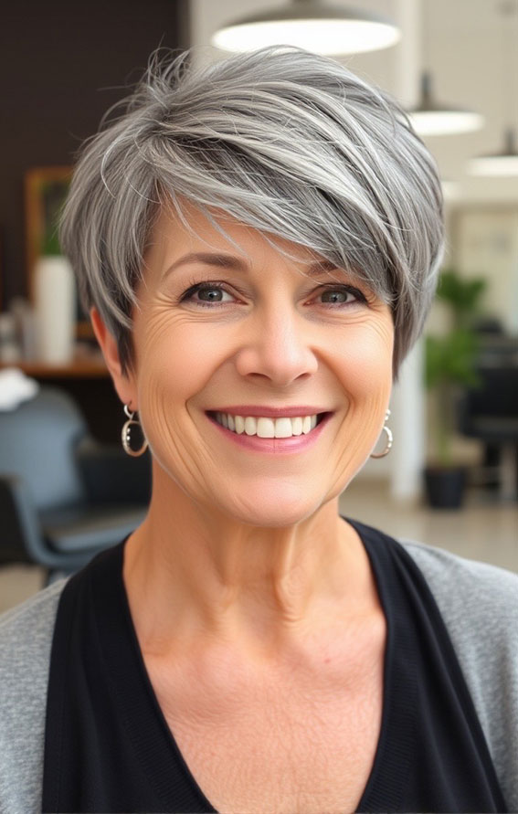 30 Pixie Haircuts for Older Women with Fringe : Silver Pixie Bob with Side-Swept Bangs