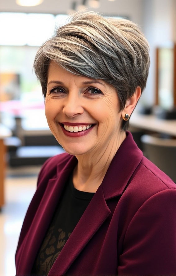 32 Pixie Haircuts for Women Over 60 : Modern Ash Brown Pixie with Silver Highlights