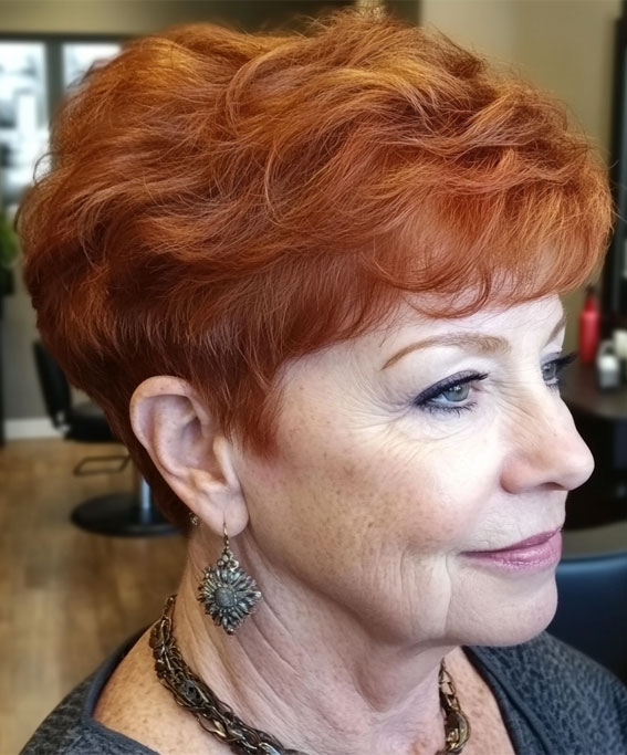 32 Pixie Haircuts for Women Over 60 : Warm Auburn Pixie with Soft Curls