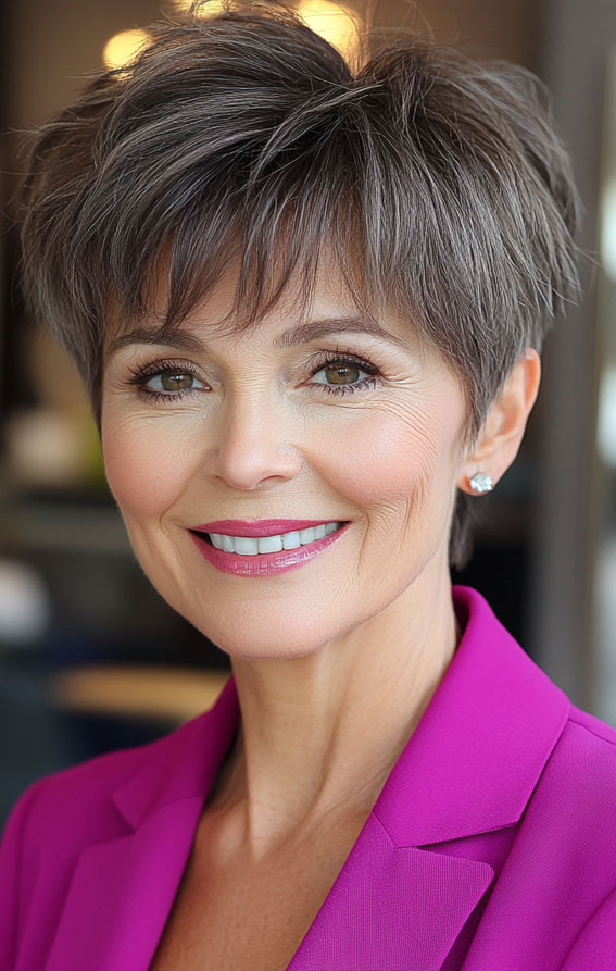 30 Pixie Haircuts for Older Women with Fringe : Sleek Charcoal Pixie with Feathered Fringe