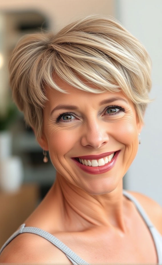 30 Pixie Haircuts for Older Women with Fringe : Thick Hair Golden Blonde Pixie with Side-Swept Fringe