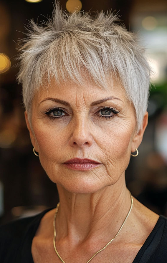 30 Pixie Haircuts for Older Women with Fringe : Edgy Silver Pixie with Spiky Texture