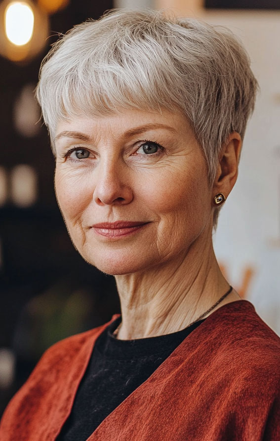 30 Pixie Haircuts for Older Women with Fringe : Silver Pixie with Micro Fringe