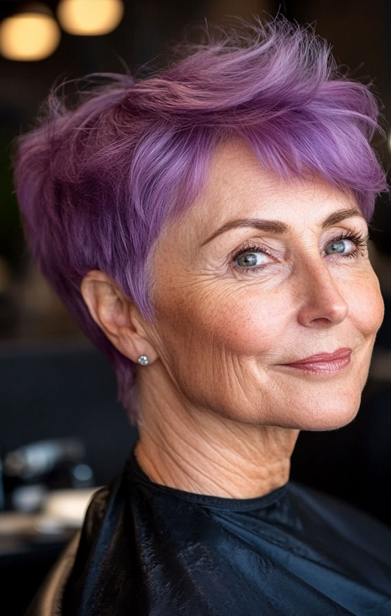 Tousled Layered Lavender Pixie , Pixie Haircuts for Women Over 60, Layered pixie haircuts for Women over 60, Low maintenance pixie haircuts for women over 60, Wash and Wear Haircuts For Women Over 60, Pixie cuts for over 60 with glasses, Choppy pixie cut for over 60, Pixie hairstyles for women over 60, Long pixie haircuts for women over 60, short haircuts for women over 60