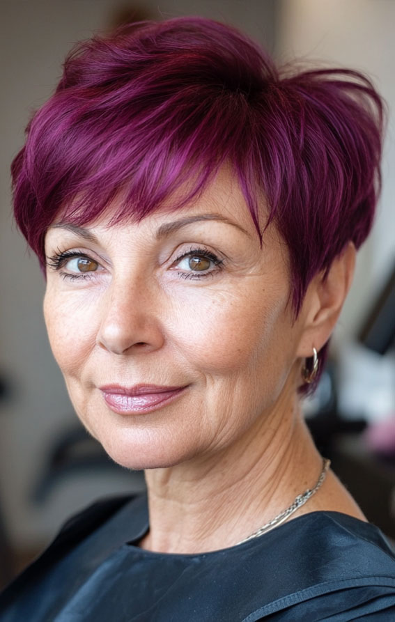 30 Pixie Haircuts for Older Women with Fringe : Bold Purple Pixie with Side-Swept Fringe