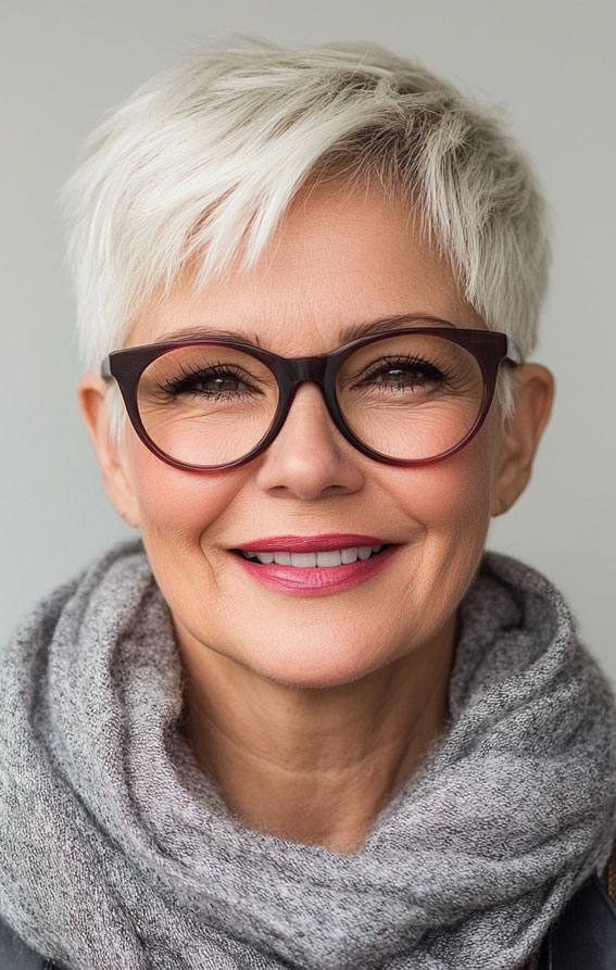 32 Pixie Haircuts for Women Over 60 : White Pixie with a Playful Fringe