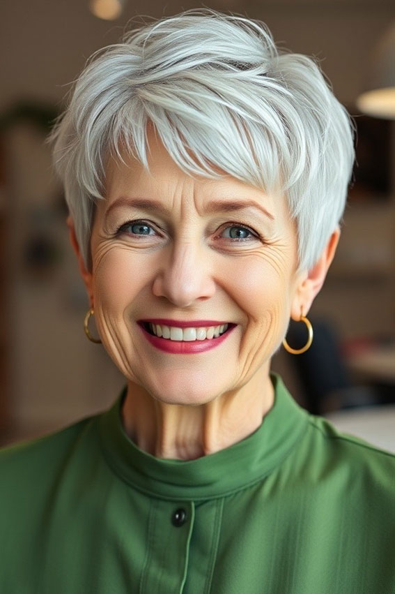 30 Pixie Haircuts for Older Women with Fringe : Icy Silver Pixie with Wispy Bangs