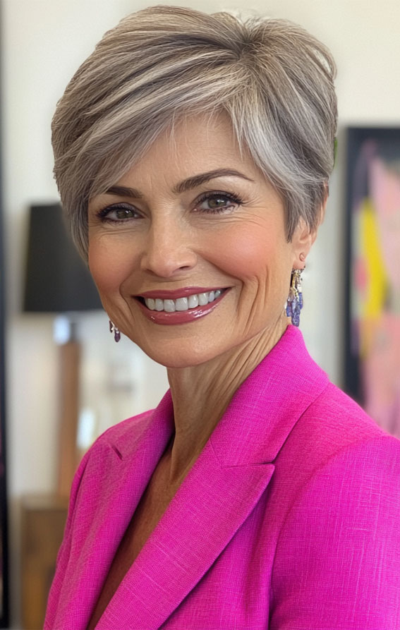 32 Pixie Haircuts for Women Over 60 : Ash Blonde Pixie with Sleek Layers