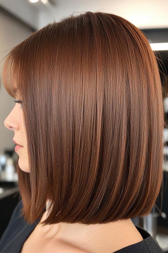 Classic Chestnut Brown Blunt Bob, Hair colours for women, Hair colour highlights, Hair Colour Brown, hair colours names, hair colour ideas, Hair colour for women