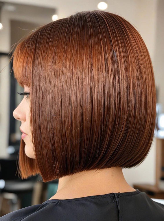 50 Stunning Hair Colours For Women :  Glossy Copper Bob with Blunt Ends