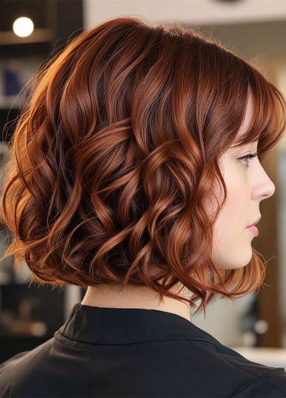 Rich Copper Curly Bob, Hair colours for women, Hair colour highlights, Hair Colour Brown, hair colours names, hair colour ideas, Hair colour for women