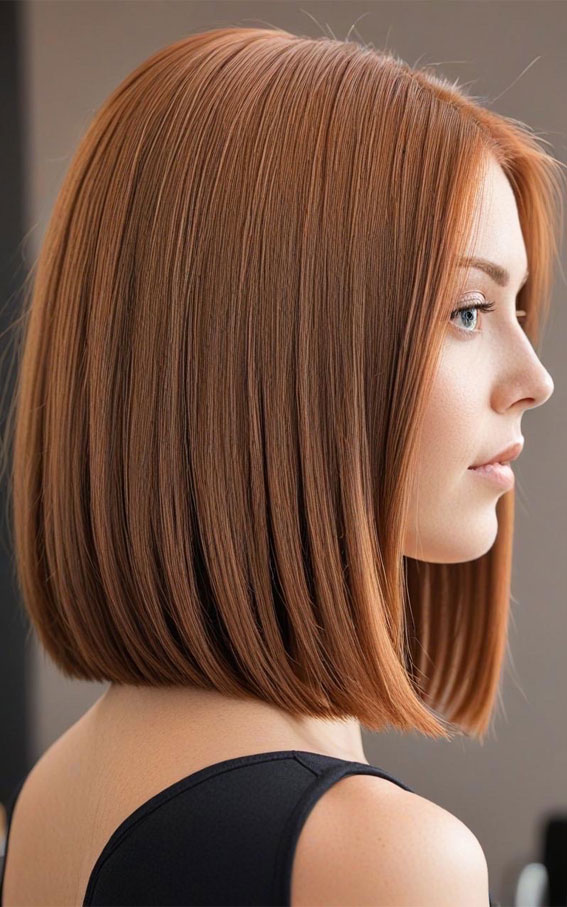 Light Copper Bob with a Sleek Finish, Hair colours for women, Hair colour highlights, Hair Colour Brown, hair colours names, hair colour ideas, Hair colour for women