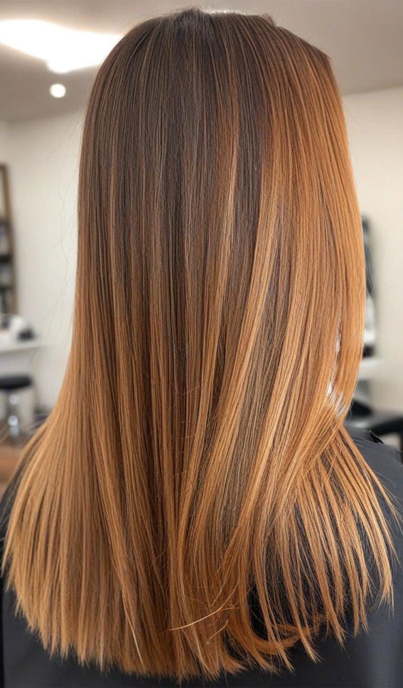 Golden Honey Balayage on Straight Layers, Hair colours for women, Hair colour highlights, Hair Colour Brown, hair colours names, hair colour ideas, Hair colour for women