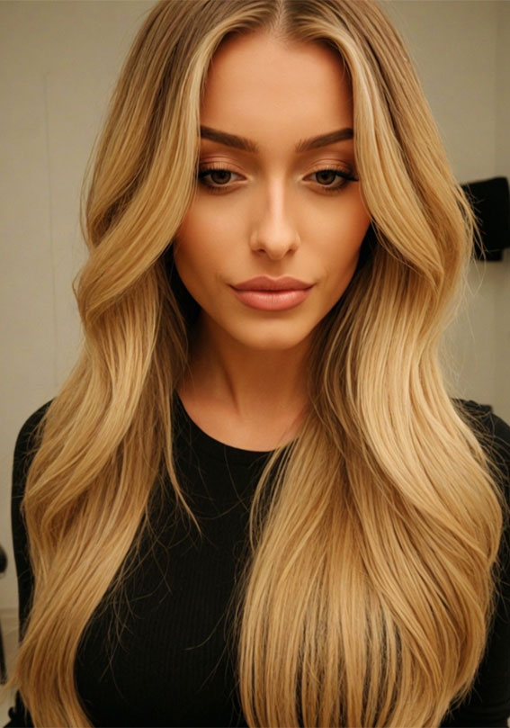 Golden Blonde Waves with Centre Part, Hair colours for women, Hair colour highlights, Hair Colour Brown, hair colours names, hair colour ideas, Hair colour for women