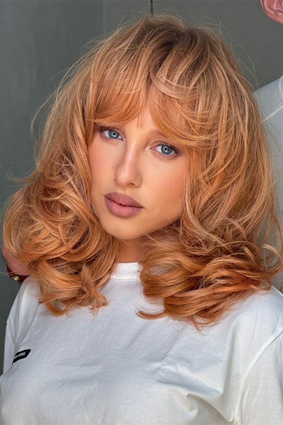 Peachy Strawberry Blonde with Soft, Bouncy Layers, Hair colours for women, Hair colour highlights, Hair Colour Brown, hair colours names, hair colour ideas, Hair colour for women