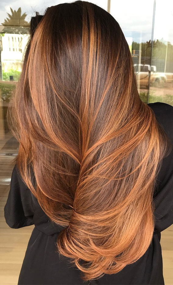 Sunkissed Copper Balayage on Long Layers, Hair colours for women, Hair colour highlights, Hair Colour Brown, hair colours names, hair colour ideas, Hair colour for women