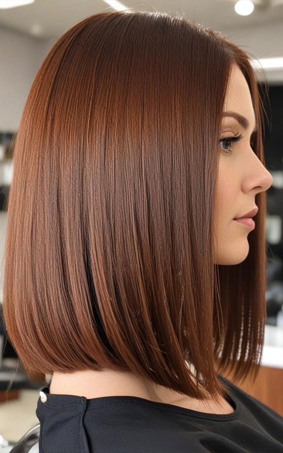 Chestnut Brown Sleek Blunt Bob, Bouncy Layers, Hair colours for women, Hair colour highlights, Hair Colour Brown, hair colours names, hair colour ideas, Hair colour for women