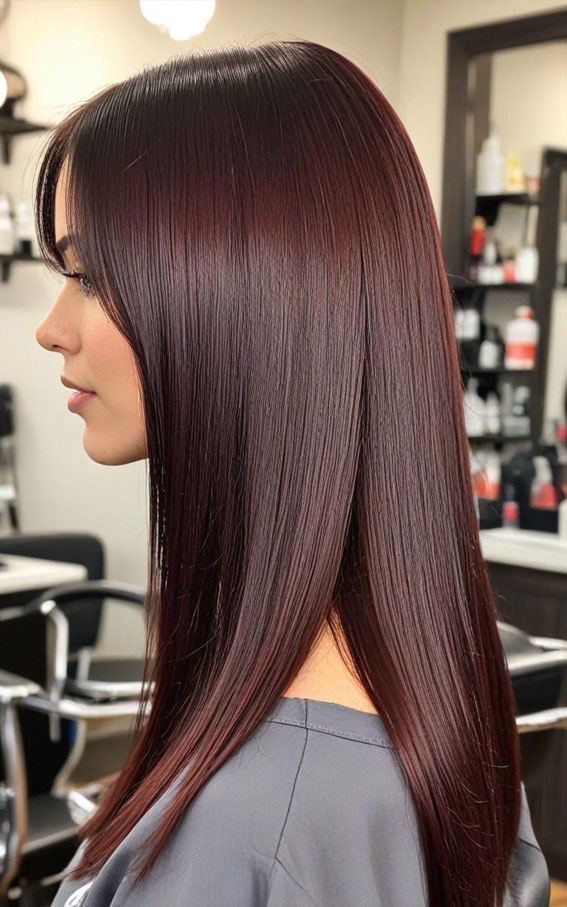 Rich Burgundy Sleek Layers, Hair colours for women, Hair colour highlights, Hair Colour Brown, hair colours names, hair colour ideas, Hair colour for women