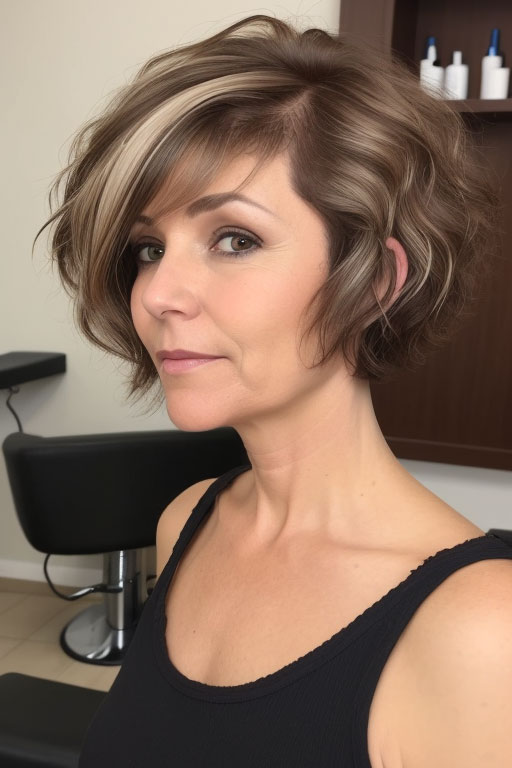 47 Bob Hairstyles for Women Over 50 : Textured Wavy Bob with Blonde Highlights