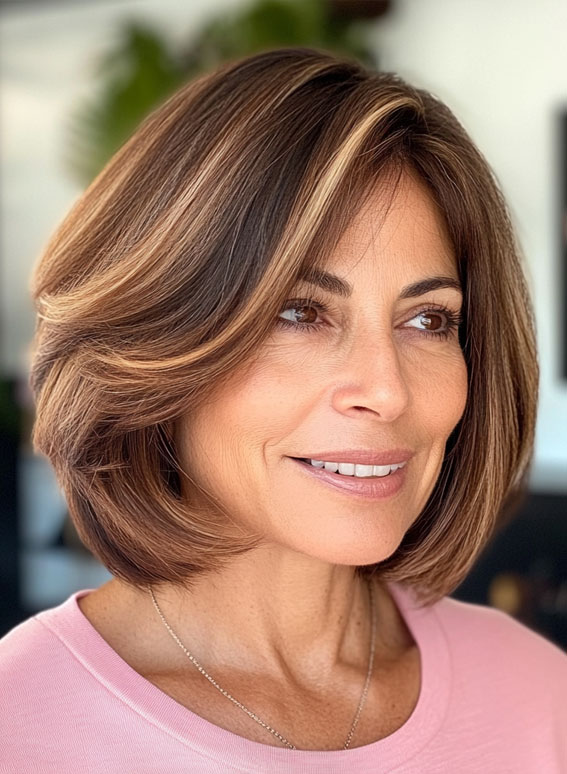 47 Bob Hairstyles for Women Over 50 : Layered Bob with Soft Highlights