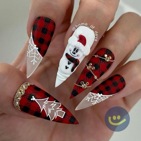 35 Cute Christmas Nail Art Ideas : Cosy Plaid Snowman Nails