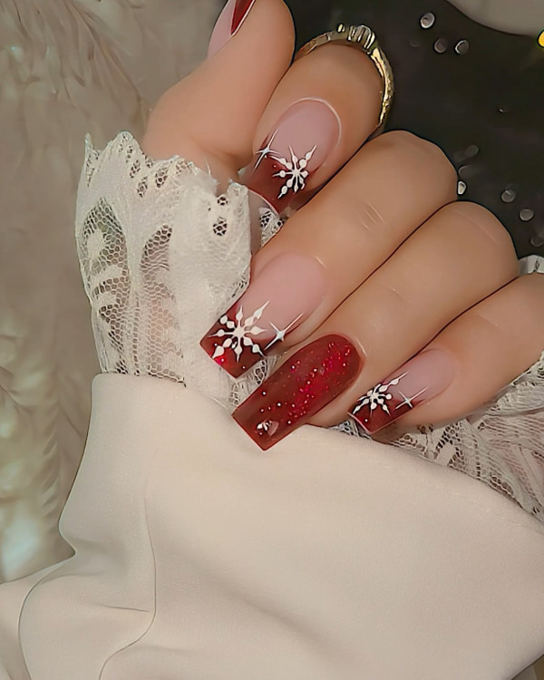 35 Cute Christmas Nail Art Ideas : Snowflake Red French Tips