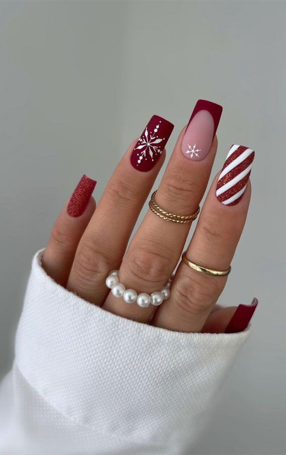 Frosty Red Candy Cane Christmas Nails, Christmas nail art, Christmas nail ideas, Christmas nails, cute Christmas nail designs, festive holiday nails